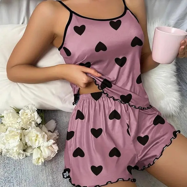 Women’s Heart Print Pajama Set – Soft & Comfortable Lounge Wear